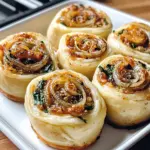 Vegane karamellisierte Zwiebel- und Spinat-Pizzarollen