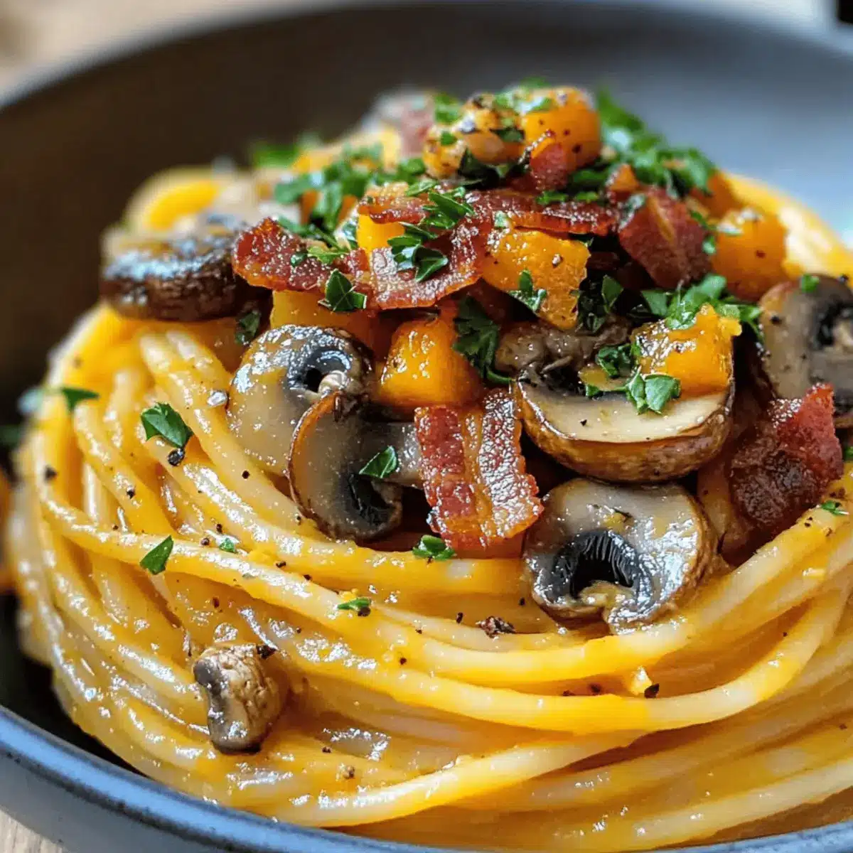 Kürbis- und Pilzspaghetti mit knusprigem Speck