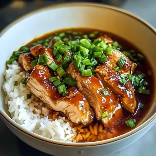 Karamellisierte Sojasoße Hähnchen in Knoblauch-Ingwer-Brühe mit Reis