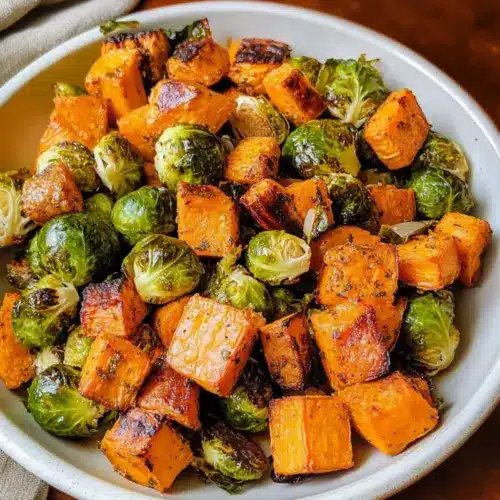 Geröstete Rosenkohl und Süßkartoffeln