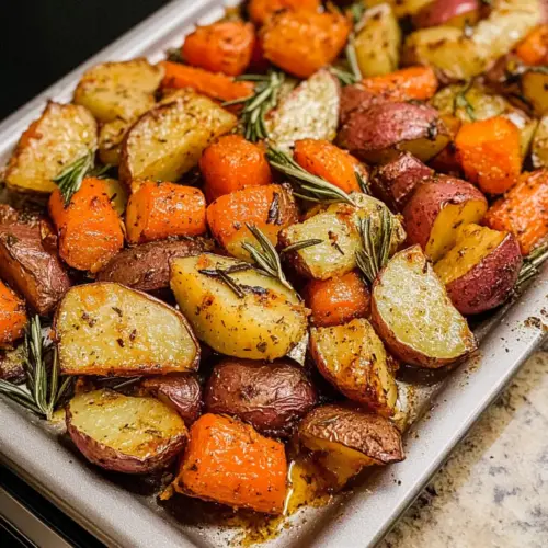 Rosmarin geröstete Karotten und rote Kartoffeln
