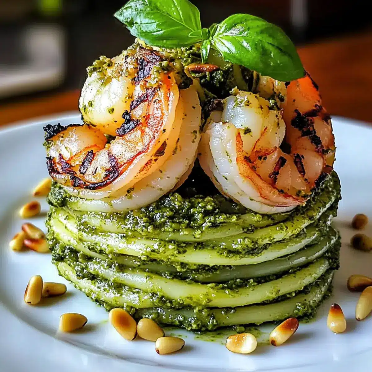 Pesto-Nudeln und gegrillte Garnelen-Stapel