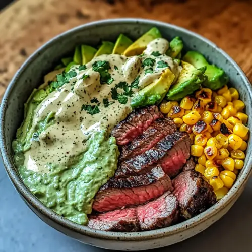 Steak, Avocado und geröstete Mais-Schüssel mit Koriander-Creme-Sauce